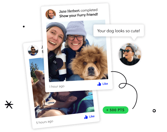 Photo of two people and a dog smiling, with a thumbs up icon