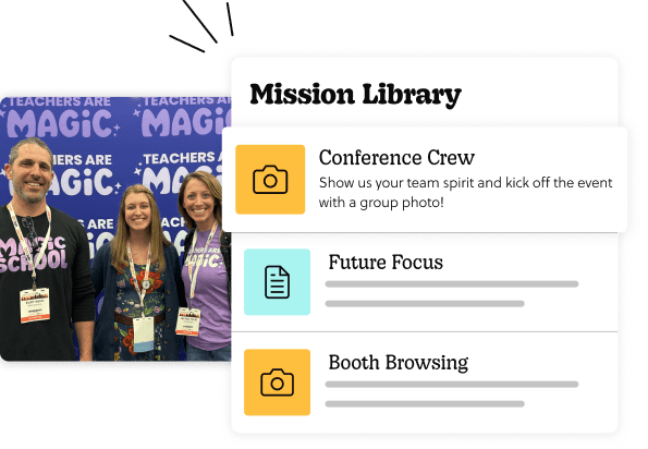 A list of Goosechase Missions accompanied by a photo of conference attendees