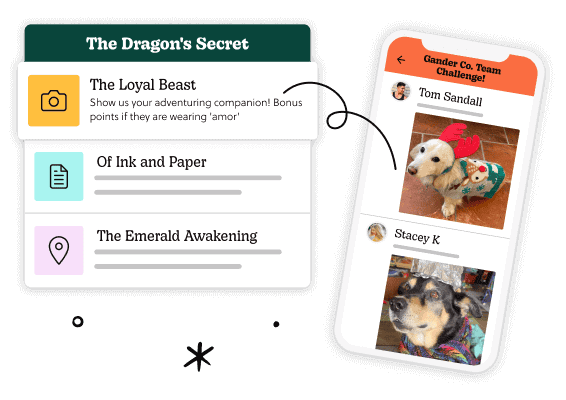 Goosechase Missions challenging people to dress up their pets, alongside photos of costumed pets
