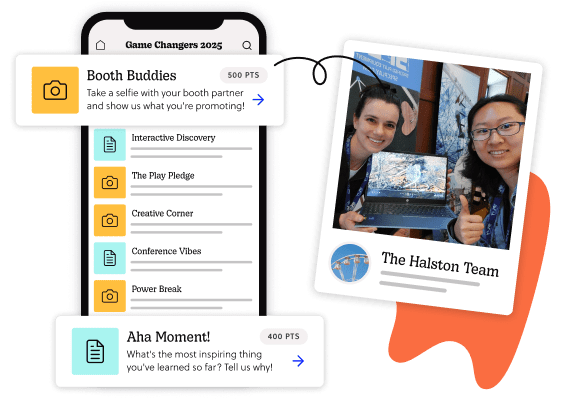 A conference attendee taking a selfie with an exhibitor at the booth